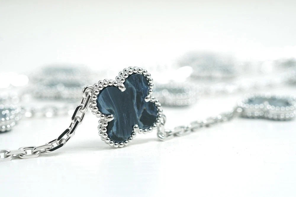 18K White Gold Pietersite Vintage Alhambra 20 Motifs Necklace